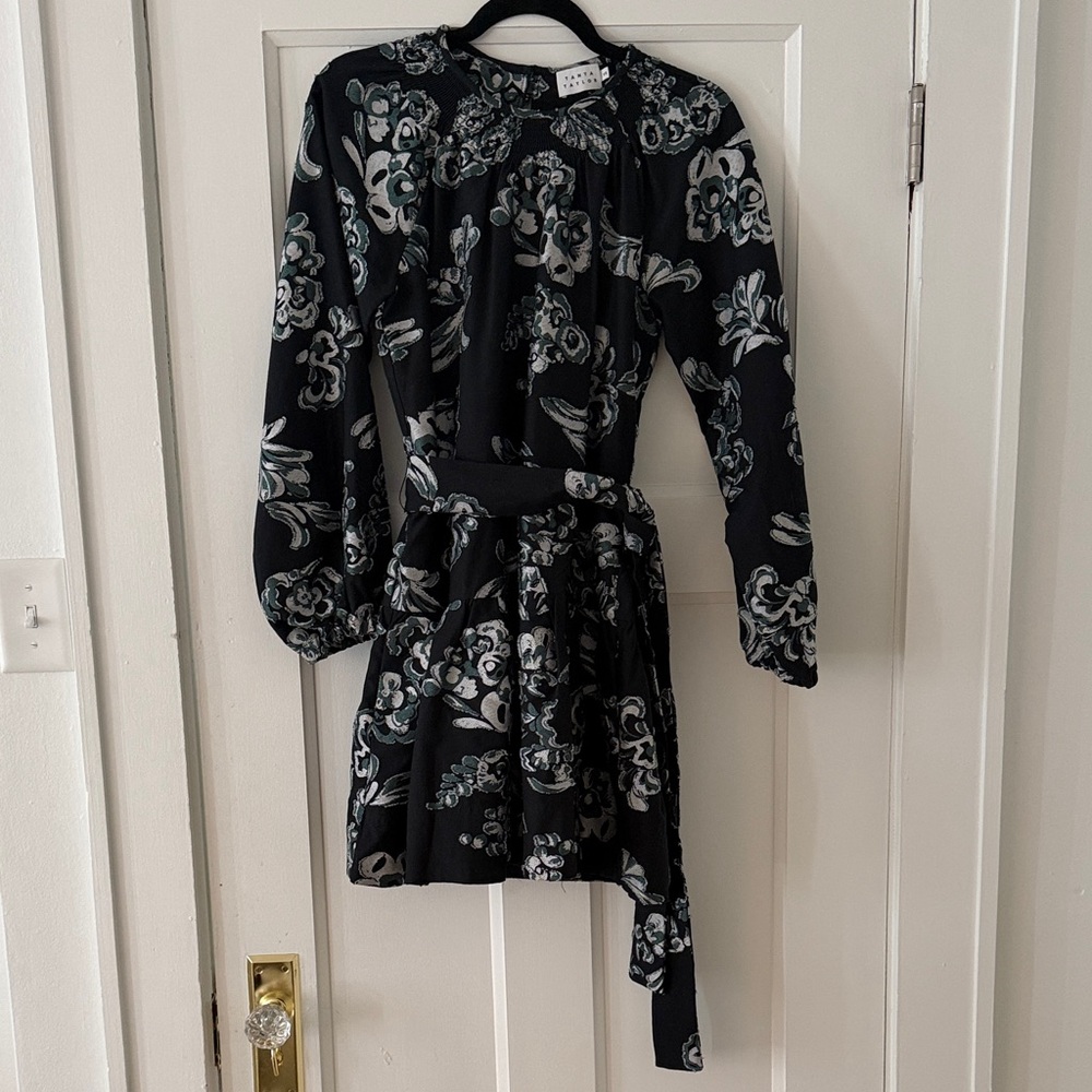 Tanya Taylor Navy Floral Long-Sleeve Belted Mini Dress